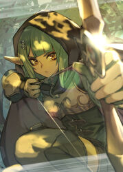 Rule 34 | 1girl, absurdres, arrow (projectile), blunt bangs, blurry, blurry foreground, boots, bow (weapon), cloak, commission, gloves, green hair, hair ornament, hairclip, hide (hideout), highres, hood, hood up, hooded cloak, long hair, looking at viewer, original, pointy ears, skeb commission, solo, thigh boots, weapon, yellow eyes