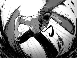Rule 34 | 1boy, chainsaw, chainsaw man, commentary, denji (chainsaw man), english commentary, greyscale, kyle guilbault, male focus, monochrome, motion lines, necktie, sharp teeth, solo, speed lines, teeth