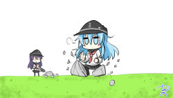 Rule 34 | 2girls, akatsuki (kancolle), anchor symbol, blue eyes, blue hair, blush, chibi, commentary request, flat cap, grass, hair between eyes, hair ornament, hat, hibiki (kancolle), kantai collection, long hair, long sleeves, looking at viewer, messy hair, multiple girls, neckerchief, nyonyonba tarou, one-hour drawing challenge, open mouth, pleated skirt, purple eyes, purple hair, red neckerchief, school uniform, serafuku, shovel, skirt, stone