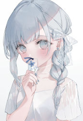 Rule 34 | 1girl, blouse, blue eyes, blue nails, blush, bookmark, braid, collarbone, commentary, covering own mouth, earrings, eyebrows hidden by hair, hair ribbon, highres, jewelry, kyuumura, looking at viewer, nail polish, original, ribbon, see-through, see-through sleeves, shirt, sidelocks, simple background, solo, upper body, white background, white hair, white ribbon, white shirt