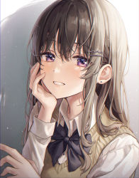 Rule 34 | 1girl, aibek, black bow, black bowtie, blush, bow, bowtie, brown hair, brown vest, collared shirt, dress shirt, earrings, hair ornament, hairclip, hand on own face, hand up, highres, jewelry, long hair, long sleeves, looking at viewer, original, parted lips, purple eyes, school uniform, shadow, shirt, smile, solo, vest, white shirt