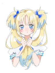 Rule 34 | 1girl, 365 days (love live!), :t, blonde hair, blue bow, blue eyes, blue hair, blush, bow, commentary, cropped torso, frilled sleeves, frills, gradient hair, hair bow, highres, holding, holding own hair, kawaiine airi, light blue hair, link! like! love live!, long hair, looking at viewer, love live!, multicolored hair, official alternate costume, osawa rurino, parted bangs, pout, puffy short sleeves, puffy sleeves, shirt, short sleeves, simple background, solo, twintails, upper body, virtual youtuber, white background, white bow, white shirt