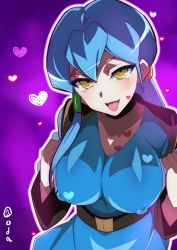 Rule 34 | 1girl, aqua hair, belt, blue hair, blush, breasts, cardfight!! vanguard, choker, cleavage, covered erect nipples, cowboy shot, female focus, gillian chen, hair between eyes, hands up, heart, large breasts, light blush, long hair, looking at viewer, oda koziki, open mouth, purple background, signature, simple background, smile, solo, standing, undressing, yellow eyes