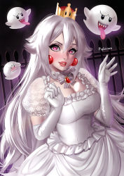 Rule 34 | 1girl, 3others, blush, boo (mario), breasts, dress, dutch angle, earrings, elbow gloves, facing viewer, ghost, gloves, hair between eyes, halloween, hands up, highres, indoors, jewelry, lace, lace trim, long hair, looking at viewer, luigi&#039;s mansion, mario (series), medium breasts, multiple others, nintendo, pale skin, parted lips, pink eyes, pink lips, princess, princess king boo, simple background, sphere earrings, super crown, teeth, tongue, tongue out, turn pale, very long hair, wavy mouth, white dress, white gloves, white hair, yanting sun