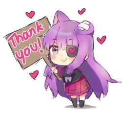 Rule 34 | 1girl, :&gt;, bandaid, black thighhighs, chibi, closed mouth, commentary, copyright request, ear down, english commentary, eyepatch, heart, holding, long hair, long sleeves, looking at viewer, lowres, milestone celebration, mochii, purple hair, red skirt, sign, simple background, skirt, smile, solo, thank you, thighhighs, very long hair, white background