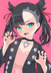 Rule 34 | 1girl, absurdres, asymmetrical bangs, black choker, black jacket, black nails, choker, claw pose, claws, creatures (company), dot nose, dress, fang, flat chest, game freak, green eyes, hair ribbon, highres, jacket, lex suri12, looking to the side, marnie (pokemon), medium hair, nail polish, nintendo, open mouth, pendant choker, pink background, pink dress, pokemon, pokemon swsh, polka dot, polka dot background, red ribbon, ribbon, solo, teeth, twintails, two side up, undercut, upper body