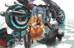 Rule 34 | 1girl, asymmetrical legwear, bad id, bad pixiv id, belt, blue eyes, blue hair, boots, checkered floor, computer, copyright name, fingerless gloves, floor, gloves, hatsune miku, headphones, infukun, laptop, long hair, matching hair/eyes, mismatched legwear, motor vehicle, motorcycle, reflection, sitting, solo, thighhighs, tools, torn clothes, torn thighhighs, twintails, vehicle, very long hair, vocaloid