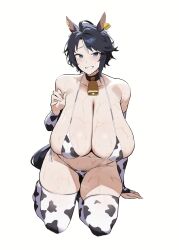 1girl ahoge alternate_breast_size alternate_costume animal_ears animal_print bare_shoulders bikini black_hair blue_eyes blush breasts cleavage collar cow_girl cow_print cow_print_bikini cow_print_thighhighs dashi_kani ear_piercing ear_tag fuji_kiseki_(umamusume) grin hanging_breasts highres horse_ears horse_girl horse_tail huge_breasts light_smile multicolored_hair piercing print_bikini print_thighhighs seiza short_hair simple_background sitting skindentation smile solo streaked_hair sweatdrop swimsuit tail teeth thick_thighs thighhighs thighs umamusume white_background white_hair