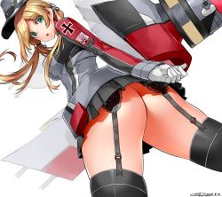 Rule 34 | 1girl, :o, anchor hair ornament, ass, black skirt, black thighhighs, breasts, commentary request, cross, dated, from below, garter belt, garter straps, gloves, green eyes, hair ornament, happa (cloverppd), hat, iron cross, kantai collection, long hair, long sleeves, looking at viewer, medium breasts, military, military uniform, miniskirt, no panties, parted lips, peaked cap, pleated skirt, prinz eugen (kancolle), rigging, signature, simple background, skirt, solo, thighhighs, twintails, uniform, white background, white gloves