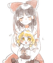 Rule 34 | 2girls, :d, aged down, annoyed, apron, black footwear, black hair, black skirt, black vest, blonde hair, blush, bow, braid, closed eyes, commentary request, hair bow, hair tubes, hakurei reimu, hands up, kirisame marisa, looking at viewer, motion lines, multiple girls, open mouth, red bow, red skirt, sasa kichi, short hair, simple background, sitting, sitting on lap, sitting on person, sketch, skirt, smile, toddler, touhou, vest, waist apron, white apron, white background, yellow eyes