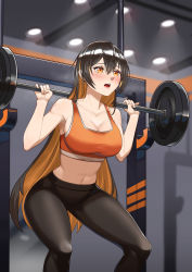 Rule 34 | 1girl, absurdres, barbell, black hair, black pants, blush, borrowed character, bra, breasts, ceiling light, clearvoyancekun, cleavage, commission, cryptocurrency, exercising, feet out of frame, highres, indoors, large breasts, long hair, midriff, monero-chan, multicolored hair, navel, open mouth, orange bra, orange eyes, orange hair, original, pants, second-party source, solo, sports bra, sweat, two-tone hair, underwear, very long hair, weightlifting, yoga pants