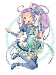 Rule 34 | 10s, 1girl, ;d, bad id, bad pixiv id, blue footwear, blue thighhighs, blush, boots, brooch, choker, cure beat, earrings, frilled skirt, frills, full body, g-clef (suite precure), hair ornament, hair ribbon, heart, heart hair ornament, jewelry, kurokawa eren, long hair, love guitar rod, magical girl, one eye closed, open mouth, ponytail, precure, purple hair, ratryu, ribbon, seiren (suite precure), skirt, smile, solo, suite precure, thigh boots, thighhighs, white background, wrist cuffs, yellow eyes