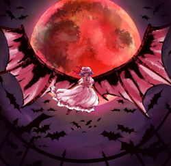 Rule 34 | 1girl, absurdres, bad id, bad pixiv id, bat (animal), bat wings, blood, blood in mouth, blood on hands, dress, fangs, full moon, hat, hat ribbon, highres, large wings, light purple hair, mob cap, moon, natsuno (ggqqgg), night, puffy short sleeves, puffy sleeves, red eyes, red moon, remilia scarlet, ribbon, ribbon-trimmed clothes, ribbon trim, short hair, short sleeves, touhou, wings