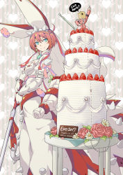 Rule 34 | 1boy, 1girl, aka ringo, arm up, bag, bag on head, blue eyes, bob cut, breasts, cake, closed mouth, crown, dotted line, dress, elphelt valentine, english text, faust (guilty gear), fingernails over gloves, flower, food, fruit, gloves, guilty gear, guilty gear xrd, gun, hair between eyes, hand on own hip, heart, heart background, highres, holding, holding gun, holding weapon, index finger raised, layer cake, looking at viewer, medium breasts, paper bag, pink flower, pink hair, pink rose, pointing, pointing up, rose, short hair, shotgun, smile, solo focus, speech bubble, squatting, standing, strawberry, striped, striped background, table, tsurime, veil, vertical stripes, weapon, white dress, white gloves