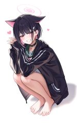 Rule 34 | 1girl, animal ears, bare legs, barefoot, black choker, black hair, black jacket, blue archive, blunt ends, blush, cat ears, choker, extra ears, grin, halo, heart, highres, hood, hooded jacket, interlocked fingers, jacket, kazusa (blue archive), long sleeves, looking at viewer, multicolored hair, open clothes, open jacket, own hands together, picter, pink hair, pink halo, red eyes, school uniform, serafuku, short hair, simple background, smile, solo, squatting, toenails, toes, two-tone hair, white background