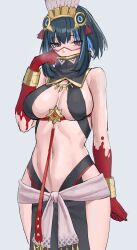 Rule 34 | 1girl, absurdres, bare shoulders, black hair, blood, blood on hands, blue hair, breasts, facial mark, fate/grand order, fate (series), feathers, highres, jewelry, kakeku, medium breasts, multicolored hair, navel, revealing clothes, short hair, solo, tenochtitlan (fate), tenochtitlan (first ascension) (fate)