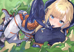 Rule 34 | 1girl, absurdres, aizawa ema, apex legends, between legs, blonde hair, blue bodysuit, blue eyes, blush, bodysuit, breasts, commentary, cosplay, electricity, ga/ddd, highres, jacket, large breasts, looking at viewer, mouth hold, nessie (respawn), orange jacket, revision, ribbed bodysuit, sexually suggestive, solo, virtual youtuber, vspo!, wattson (apex legends), wattson (apex legends) (cosplay), white bodysuit