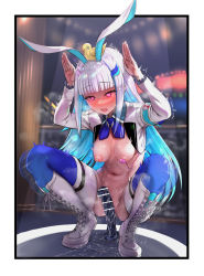 Rule 34 | 1girl, afterimage, ahegao, animal, animal ears, animal on head, armband, ass, bar censor, bird, bird on head, blue bow, blue bowtie, blue hair, blunt bangs, blurry, blurry background, blush, boots, bow, bowtie, breasts, censored, colored inner hair, cross-laced footwear, daishippai, depth of field, dildo, embarrassed, facing viewer, fake animal ears, female masturbation, full body, functionally nude, gluteal fold, hair ornament, half-closed eyes, highres, humiliation, knee boots, lize helesta, long hair, long sleeves, lotion, masturbation, medium breasts, meme attire, motion blur, multicolored hair, navel, nijisanji, nipple stimulation, nipples, no bra, no panties, on head, open mouth, paid reward available, purple eyes, pussy juice, rabbit ears, rabbit pose, reverse bunnysuit, reverse outfit, safety pin, sagging breasts, saliva, sex toy, sidelocks, solo, spread legs, squatting, steaming body, stomach, sweat, thighhighs, trembling, two-tone hair, very long hair, vibrator, vibrator cord, vibrator on nipple, virtual youtuber, white footwear, white hair