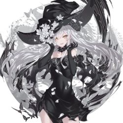 Rule 34 | 1girl, black dress, black gloves, choker, collarbone, dress, elbow gloves, flower, gloves, hair between eyes, hat, highres, long dress, long hair, looking at viewer, makai no juumin, open mouth, original, patterned clothing, smile, solo, white hair, witch, witch hat, yellow eyes