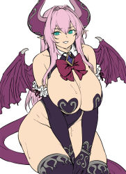 Rule 34 | 1girl, aqua eyes, bare hips, bare shoulders, blush, bow, breastless clothes, breasts, cattleya (houtengeki), demon girl, demon horns, demon tail, demon wings, detached collar, elbow gloves, flat color, gloves, hair intakes, heart pasties, highleg, highleg leotard, highres, horns, houtengeki, large breasts, leotard, long hair, looking at viewer, open mouth, original, pasties, pink hair, pointy ears, purple gloves, purple leotard, sidelocks, smile, solo, sweat, tail, thighhighs, thighs, wings