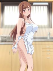Rule 34 | 1girl, apron, arms behind back, ass, ayane shirakawa, bare shoulders, blush, breasts, brown eyes, brown hair, collarbone, day, highres, kitchen, large breasts, legs, long hair, looking at viewer, naked apron, no bra, no panties, overflow (anime), screencap, sideboob, solo, standing, stitched, thighs, third-party edit, white apron