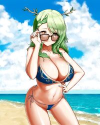 Rule 34 | 1girl, absurdres, antlers, bare shoulders, beach, bikini, blue bikini, blue sky, blush, braid, braided bangs, breasts, ceres fauna, cleavage, cloud, collarbone, cowboy shot, day, glasses, green hair, hair ornament, highres, hololive, hololive english, horns, jewelry, kenatosne, large breasts, long hair, looking at viewer, multicolored hair, navel, ocean, outdoors, sky, smile, solo, standing, stomach, sunglasses, swimsuit, thighs, virtual youtuber