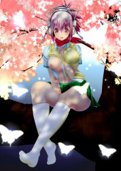 Rule 34 | 10s, 1girl, alternate hairstyle, asuka (senran kagura), bad id, bad pixiv id, blush, breast slip, breasts, bug, butterfly, cherry blossoms, cosplay, headphones, highres, insect, kneehighs, large breasts, long hair, looking at viewer, midriff, navel, nipples, nitroplus, one breast out, ono kono to, open mouth, pink hair, red eyes, school uniform, senran kagura, skirt, socks, solo, super sonico, white socks