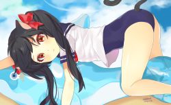 Rule 34 | 1girl, all fours, animal ears, artist request, ass, black hair, bow, cat ears, elin, from side, inflatable dolphin, inflatable toy, long hair, one-piece swimsuit, red eyes, ribbon, school swimsuit, school uniform, serafuku, shirt, solo, swimsuit, swimsuit under clothes, tail, tera online, twintails