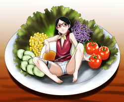 Rule 34 | 1girl, arm support, ascot, bandages, barefoot, black eyes, black hair, boruto: naruto the movie, bow, bow panties, commentary request, corn, crotch seam, cucumber, dress, feet, full body, glasses, highres, lettuce, looking at viewer, lying, name connection, naruto (series), object namesake, on back, oversized object, panties, pantyshot, parted lips, pun, purple dress, red-framed eyewear, salad, short dress, short hair, sleeveless, sleeveless dress, solo, spread legs, takaya n, tomato, uchiha sarada, underwear, white panties, yellow ascot