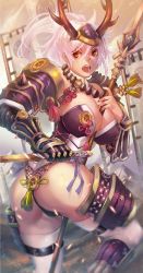 Rule 34 | 1girl, armor, ass, bad anatomy, breasts, cleavage, copyright request, female focus, highres, long hair, pink hair, raion (soraelf), red eyes, solo, sword, thighhighs, weapon