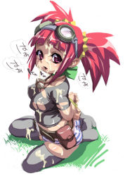 Rule 34 | 00s, 1girl, arms behind back, bdsm, belt, bondage, bound, bound wrists, climax entertainment, cum, dinosaur king, facial, goggles, original, panties, red eyes, red hair, ribbon, sega, sentape, solo, striped clothes, striped panties, tatsuno malm, thighhighs, torn clothes, twintails, underwear