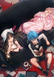 Rule 34 | 1boy, 1girl, bare shoulders, black hair, black jacket, black neckwear, black shorts, black vest, blue eyes, blue hair, book, bow, bowtie, breasts, cat, chest tattoo, circlet, cleavage, closed mouth, collared shirt, couch, cup, dangmill, dress, dress shirt, facial mark, fate/extra, fate/extra ccc, fate (series), forehead mark, glasses, gradient hair, hans christian andersen (fate), holding, holding book, horns, jacket, jacket on shoulders, large breasts, long hair, long sleeves, lying, multicolored hair, on stomach, open book, open clothes, open jacket, pages, paper, parted bangs, parted lips, pink dress, pink hair, reading, saucer, sessyoin kiara, shirt, short hair, shorts, sitting, smoking, smoking pipe, tattoo, tea, teacup, typewriter, veil, very long hair, vest, watch, wavy hair, white shirt, wristwatch, yellow eyes