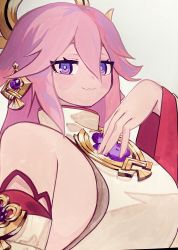 Rule 34 | 1girl, :3, absurdres, bare shoulders, breasts, closed mouth, genshin impact, hair flaps, hand on own chest, highres, large breasts, long sleeves, looking at viewer, pink hair, purple eyes, ryusei hashida, smile, solo, tabard, upper body, wide sleeves, yae miko
