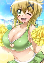 Rule 34 | 1girl, akatsuki kirika, amanatsu mikan, blonde hair, breasts, cheerleader, cleavage, cleavage cutout, clothing cutout, crop top, green eyes, hair ornament, heart cutout, holding, holding pom poms, large breasts, looking at viewer, miniskirt, navel, one eye closed, open mouth, outdoors, pleated skirt, pom pom (cheerleading), pom poms, senki zesshou symphogear, shiny skin, short hair, skirt, smile, solo, x hair ornament