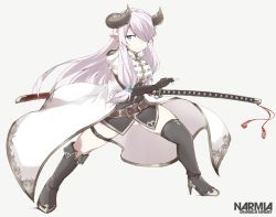 Rule 34 | 1girl, bad id, bad twitter id, black footwear, black gloves, blue eyes, boots, breasts, character name, copyright name, draph, elbow gloves, fingerless gloves, full body, gloves, granblue fantasy, hair over one eye, holding, holding sword, holding weapon, horns, katana, large breasts, light purple hair, long hair, narmaya (granblue fantasy), pointy ears, sheath, sheathed, shigino sohuzi, simple background, sleeveless, solo, sword, thigh boots, thighhighs, weapon, white background