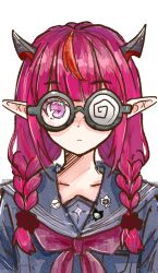 Rule 34 | 1girl, braid, coke-bottle glasses, collarbone, demon horns, glasses, hololive, hololive english, horns, irys (gaming casual) (hololive), irys (hololive), light frown, long hair, looking at viewer, mangotaingo, pointy ears, red eyes, red hair, school uniform, solo, twin braids, virtual youtuber