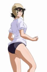 Rule 34 | 00s, 1girl, ass, black hair, buruma, clenched hand, female focus, from behind, green eyes, gym shorts, hat, highres, ikkitousen, kneepits, looking back, shiny skin, short hair, shorts, simple background, smile, solo, soujin shikou, standing, white background