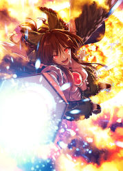 Rule 34 | 1girl, arm cannon, bow, breasts, brown hair, cape, explosion, fire, hair bow, highres, ibuki notsu, long hair, open mouth, red eyes, reiuji utsuho, round teeth, skirt, smile, solo, teeth, third eye, touhou, weapon, wings