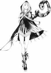 Rule 34 | 1girl, alternate costume, ankle lace-up, bare legs, blunt bangs, cloak, crescent, crescent moon, cross-laced footwear, female focus, frills, full body, gathers, gem, greyscale, hair ribbon, hood, kneehighs, legs, long legs, monochrome, moon, patchouli knowledge, platform footwear, realistic, ribbon, simple background, socks, solo, sousou (sousouworks), staff, standing, striped, touhou, twintails