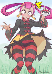 Rule 34 | 1girl, blush, camekirin, creatures (company), dress, eyelashes, game freak, grass, hair rings, highres, holding, holding poke ball, knees together feet apart, looking down, nail polish, nintendo, open mouth, panties, panties under pantyhose, pantyhose, poke ball, poke ball (basic), pokemon, pokemon masters ex, punk girl (pokemon), purple hair, sharp teeth, solo, striped clothes, striped pantyhose, surprised, teeth, twintails, underwear, wind, wind lift