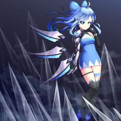 Rule 34 | 1girl, absurdres, ahoge, alternate hair length, alternate hairstyle, artificial eye, black sclera, blue eyes, blue hair, cirno, colored sclera, cyborg, dress, elbow gloves, full body, gloves, gozas99, hair ribbon, highres, huge filesize, ice, long hair, looking at viewer, mechanical ears, mechanical eye, mechanical wings, mismatched sclera, no feet, over-kneehighs, prosthesis, prosthetic arm, ribbon, solo, thigh strap, thighhighs, touhou, wings
