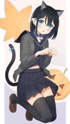 Rule 34 | 1girl, :o, absurdres, animal ears, apollo (hu maple), bell, black hair, black sailor collar, black serafuku, black shirt, black skirt, black thighhighs, blue collar, blue eyes, blush, brown footwear, cat ears, cat girl, cat tail, collar, commentary request, grey jacket, hair between eyes, highres, jack-o&#039;-lantern, jacket, jingle bell, loafers, looking at viewer, midriff peek, navel, neck bell, open clothes, open jacket, original, parted lips, paw pose, pleated skirt, sailor collar, school uniform, serafuku, shirt, shoes, skirt, solo, tail, thighhighs