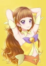 Rule 34 | 1girl, amanogawa kirara, arm strap, armpits, blunt bangs, bow, breasts, brown hair, chocokin, choker, collarbone, cropped torso, cure twinkle, earrings, go! princess precure, highres, jewelry, long hair, looking at viewer, midriff, precure, purple eyes, sideboob, simple background, small breasts, smile, solo, star (symbol), star earrings, stomach, striped, very long hair, yellow background, yellow bow