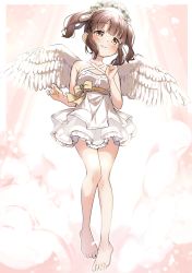Rule 34 | 1girl, angel wings, bare arms, bare shoulders, barefoot, blush, bow, breasts, brown bow, brown eyes, brown hair, cleavage, closed mouth, criss-cross halter, dress, feathered wings, flower, flower wreath, frilled dress, frills, halterneck, hand up, highres, idolmaster, idolmaster cinderella girls, looking at viewer, ogata chieri, pleated dress, short dress, sidelocks, small breasts, smile, solo, twintails, white dress, white flower, white wings, wings, yukie (kusaka shi)