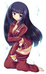 Rule 34 | 1girl, barefoot, black hair, blue eyes, breasts squeezed together, breasts, cleavage, clothes pull, jacket, kneeling, kuroi (night sky), long hair, original, pants, pants pull, pulling own clothes, snow (gi66gotyo), solo, the star of promise in this night sky, track jacket, track pants, track suit