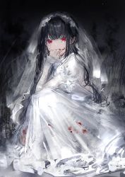 Rule 34 | 1girl, absurdres, biting, black background, black hair, blood, blood on face, blood on hands, bridal veil, commentary request, dress, female focus, finger biting, finger in own mouth, gawako, highres, long hair, long sleeves, looking at viewer, original, red eyes, solo, squatting, tearing up, tears, veil, wedding dress, white dress