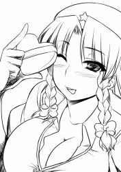 Rule 34 | 1girl, ;p, beret, braid, breasts, cleavage, collarbone, female focus, greyscale, hat, heart, hong meiling, large breasts, long hair, looking at viewer, monochrome, namidame, one eye closed, smile, solo, star (symbol), tongue, tongue out, touhou, twin braids, upper body, valentine, wink