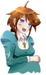 Rule 34 | 1girl, 4chan, 8chan, ahoge, artist request, blue eyes, blush, bow, braid, brown hair, christ-chan, collared dress, collared shirt, cropped torso, cross, cross necklace, dress, hair ornament, hairclip, highres, jewelry, looking at viewer, necklace, open mouth, pregnant, shirt, sidelocks, solo, source request, sweatdrop, third-party source, transparent background, upper body