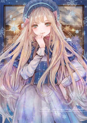 Rule 34 | 1girl, absurdres, blonde hair, blue eyes, blue headwear, bow, closed mouth, floating hair, hair bow, hand on own hip, highres, komorihikki, layered sleeves, long hair, long sleeves, looking at viewer, original, painting (medium), pink bow, pleated skirt, short over long sleeves, short sleeves, skirt, smile, snowflakes, solo, standing, sweater, traditional media, underbust, very long hair, watercolor (medium), white skirt, white sweater