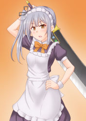 Rule 34 | 1girl, alternate costume, anti (untea9), apron, black dress, brown eyes, commentary request, cowboy shot, dress, enmaided, final fantasy, final fantasy vii, frilled apron, frills, gradient background, grey hair, hair ribbon, hand on own hip, highres, holding, holding sword, holding weapon, kantai collection, kasumi (kancolle), long hair, looking at viewer, maid, orange background, orange neckwear, ribbon, side ponytail, solo, sword, weapon, white apron